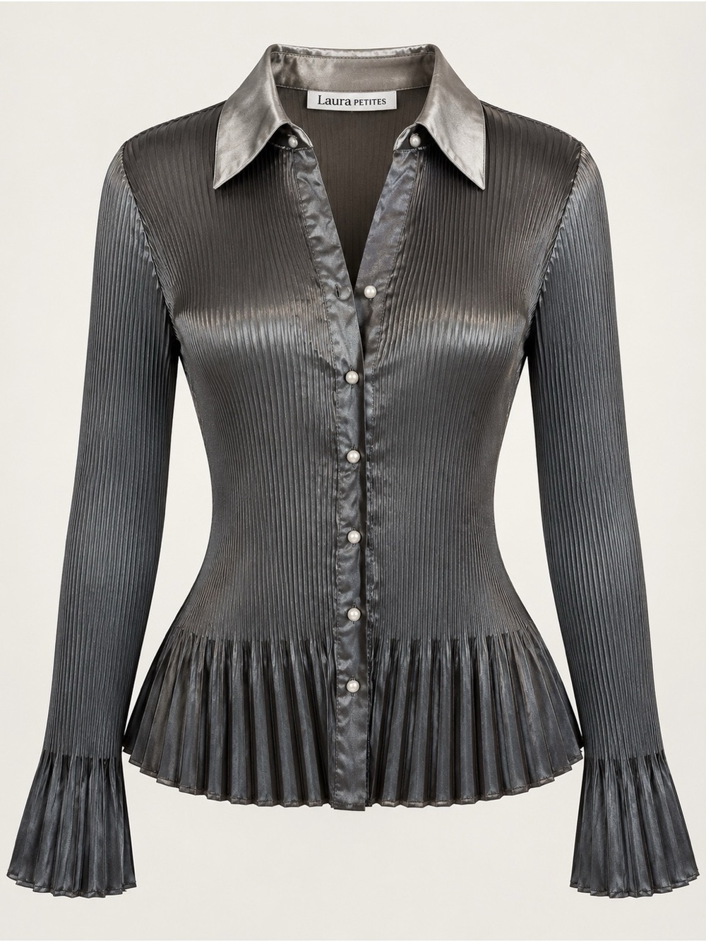 Laura Petite Metallic Pleated Button-Front Shirt in Gray